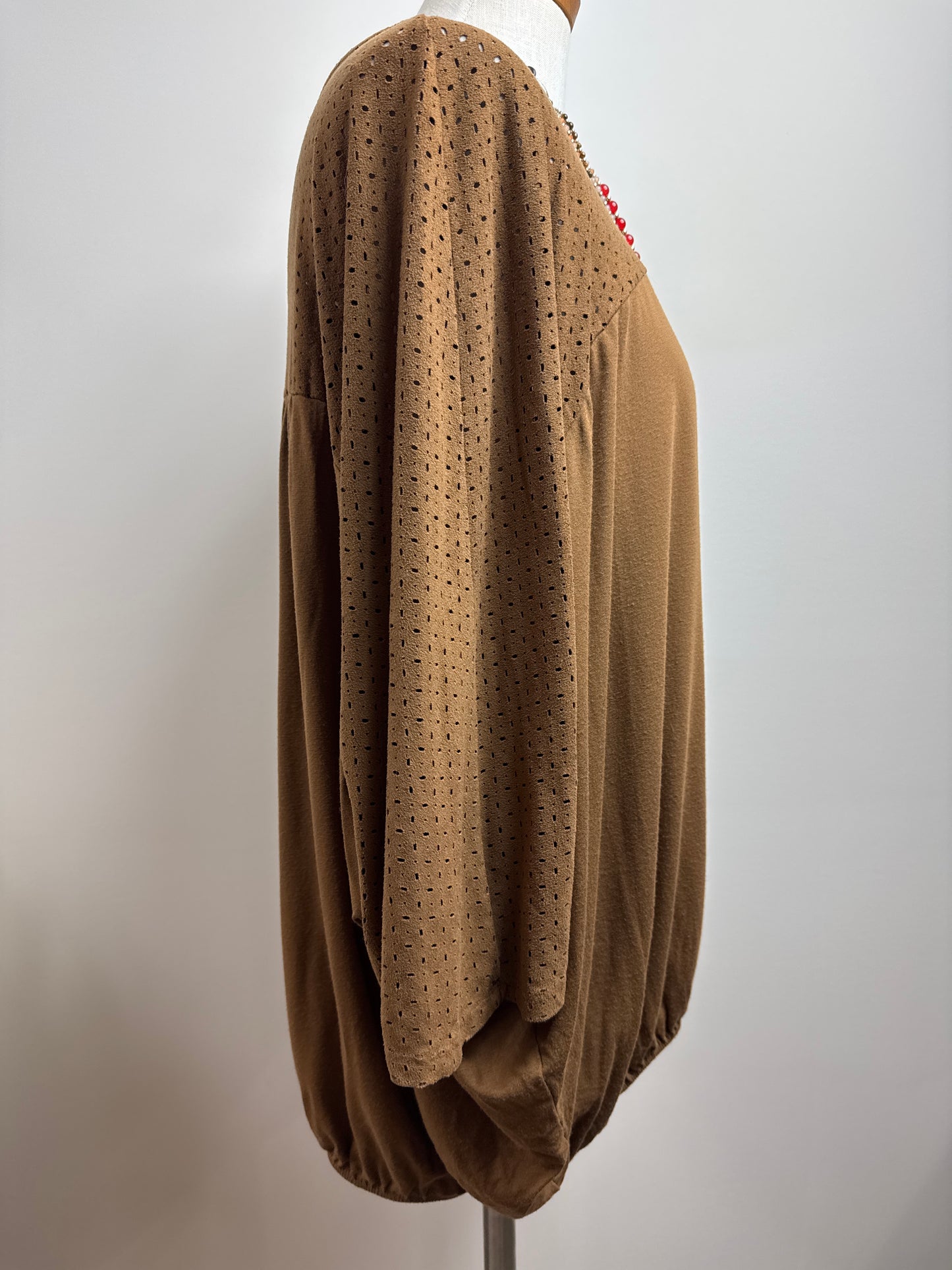 Size 2 Brown Faux Suede Accent Upper Blouse w/Dolman Sleeves