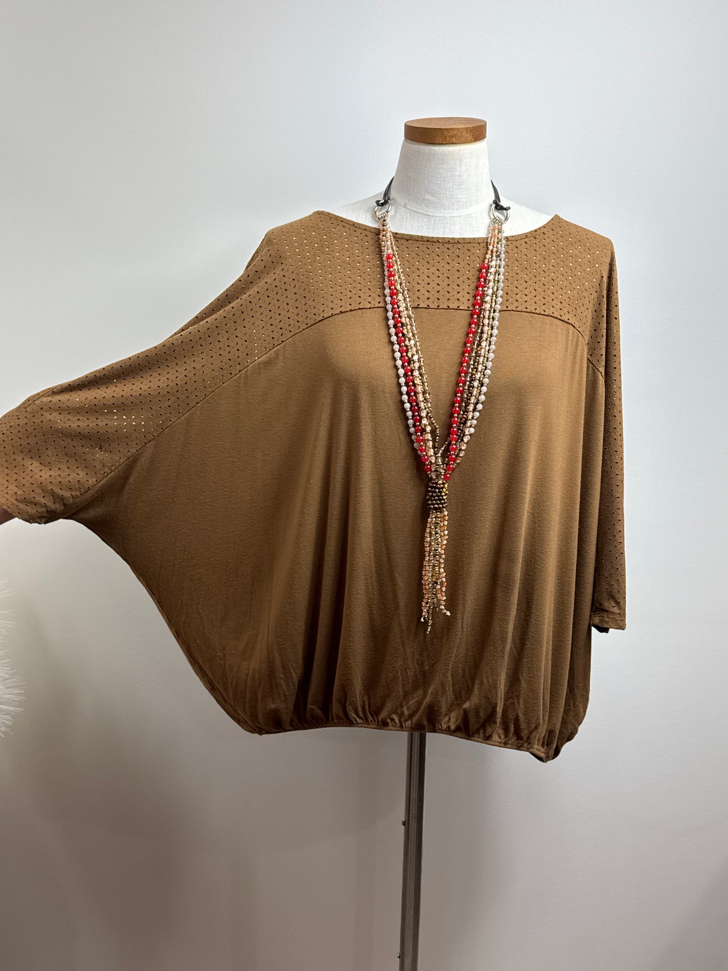 Size 2 Brown Faux Suede Accent Upper Blouse w/Dolman Sleeves