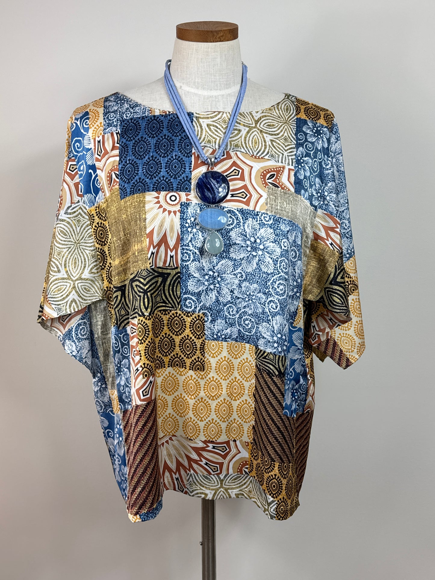 Size 2 Blue Multi Color Blouse flowing sleeves
