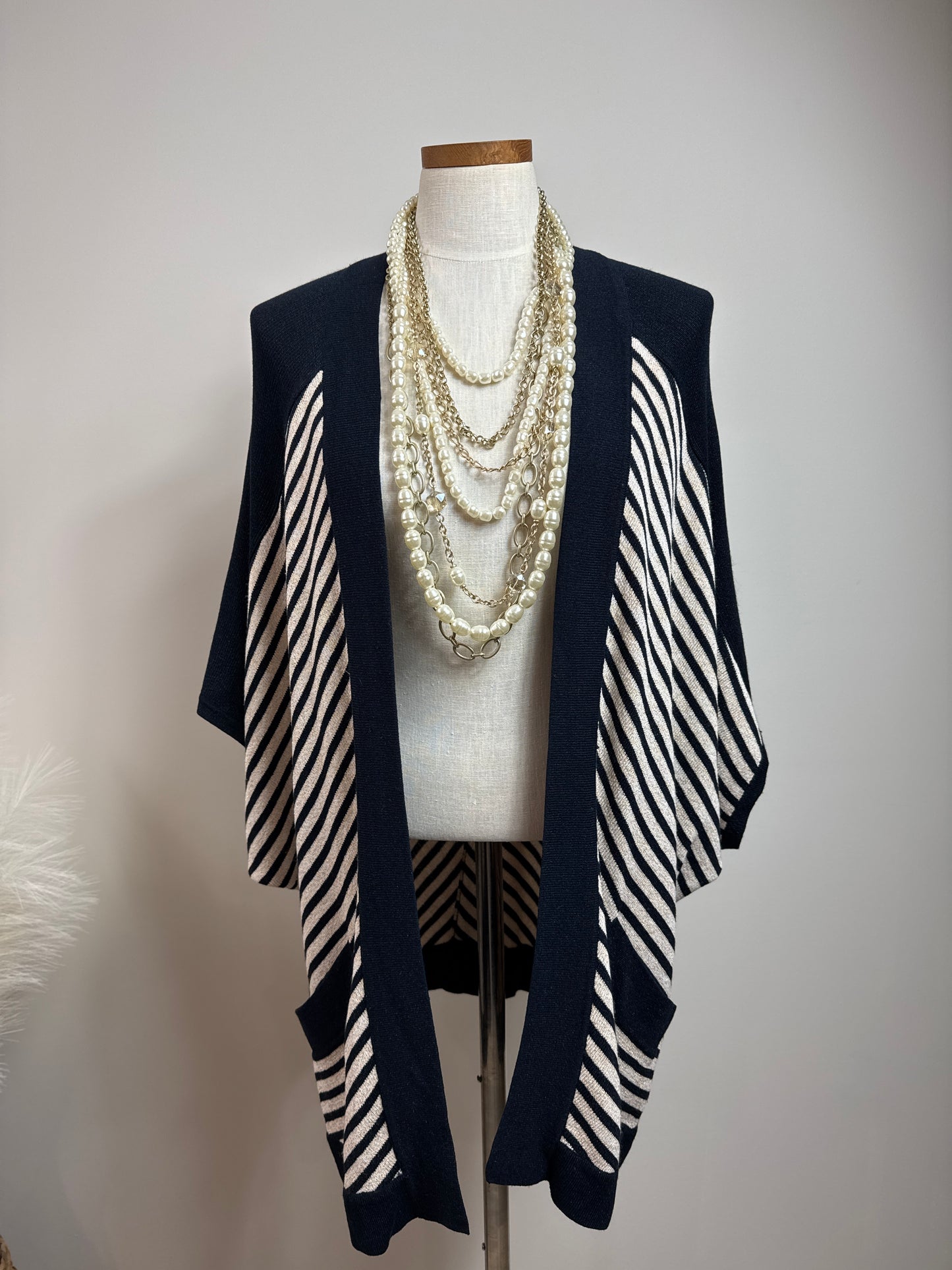 Size 1 Travelers Open Cardigan with Cape sleeves Navy/White/Gold