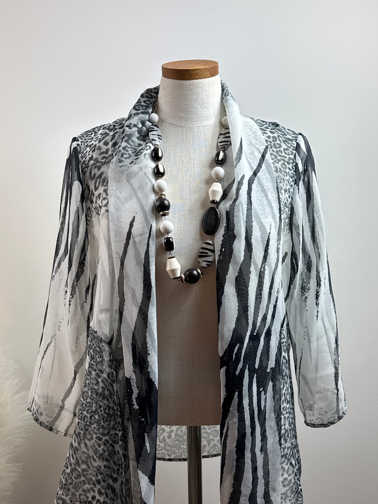 Size 2 Sheer Open Cardigan Black & White Animal Print