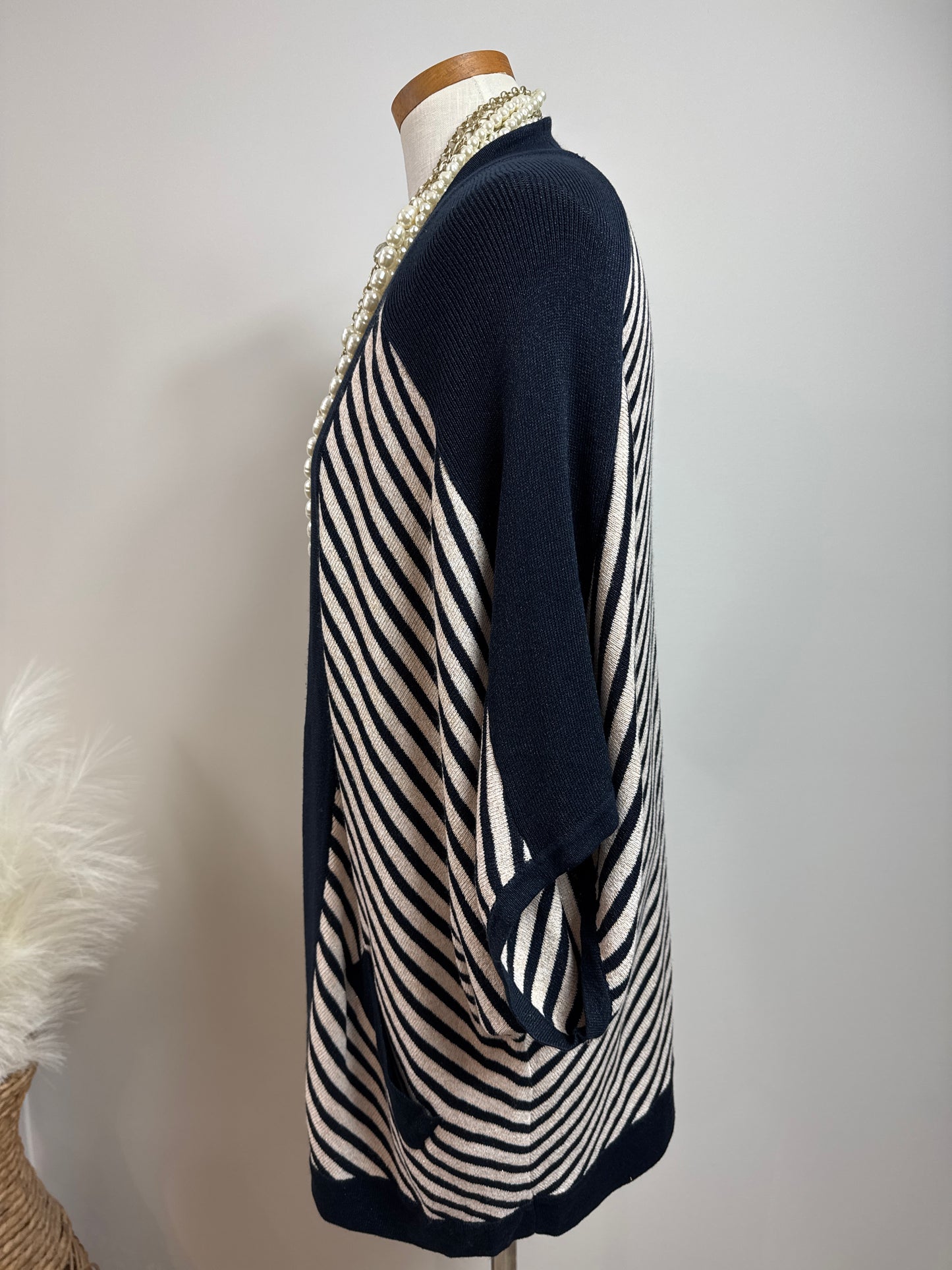 Size 1 Travelers Open Cardigan with Cape sleeves Navy/White/Gold