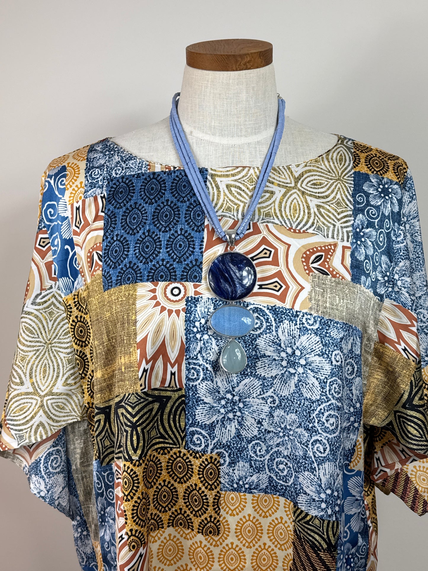 Size 2 Blue Multi Color Blouse flowing sleeves
